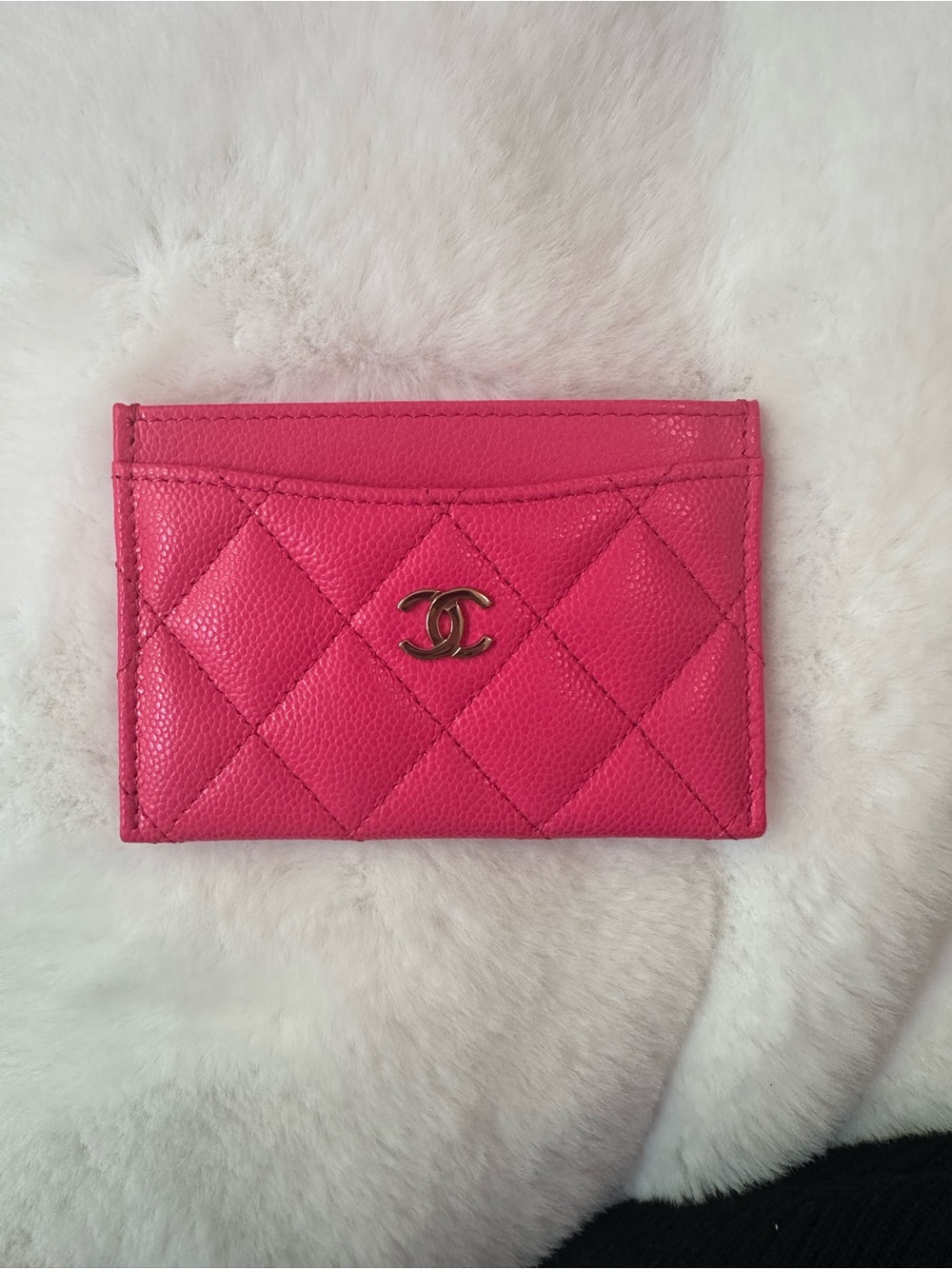 CHANEL Hot Pink Caviar Quilted Card Holder with Gold HW